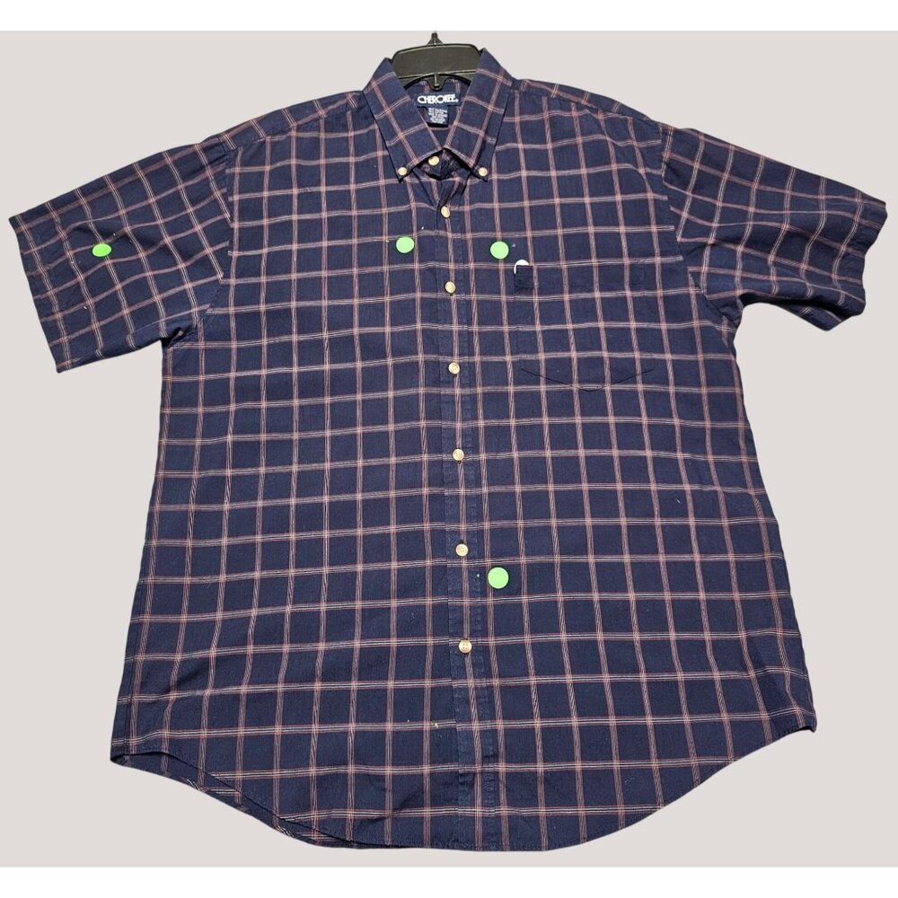 Cherokee Mens Short Sleeve Button-Up Blue Navy Plaid Shirt L